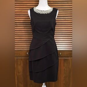 Connected Apparel Black Beaded Neckline Cocktail Tiered Sleeveless Dress size 6
